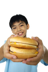 Asain kids eating A Burger