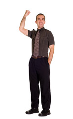 A young employee fist pumping the air with excitement