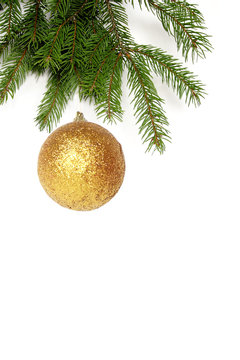 Green christmas twig with gold bauble on white