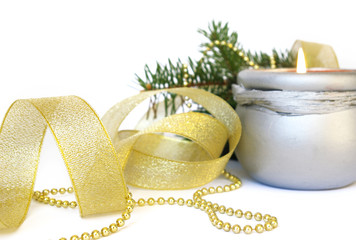 Christmas card. Candle and decoration isolated on white
