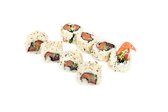 sushi rolls with salmon, cucumber and tomato