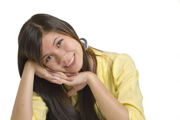 Asian woman resting her head on her hand