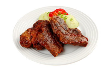 Grilled steak with vegetable salad isolated on white
