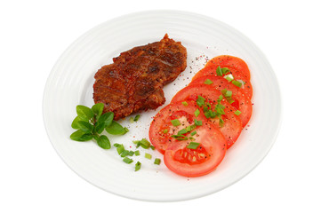 Grilled steak with vegetable salad isolated on white