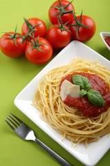 Italian pasta spaghetti with tomato sause and parmesan.