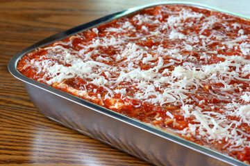 Pan of lasagna ready for the oven