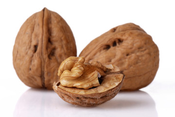 Close-up of a walnut against white background