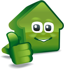 plastisches grünes Haus mit Gesicht zeigt Daumen