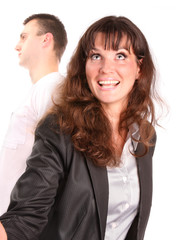 Happy businesswoman against the background man.