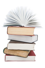 The opened book on a book pile