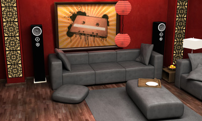 An interior Visualization of an Asian themed living room.