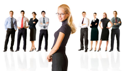 Fototapeta premium Isolated succesful bussiness team, focus on woman