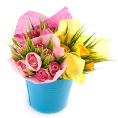 wrapped flowers in a bucket