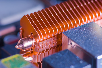 Copper heat pipe with cooling fins on computer motherboard