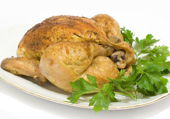 Roasted chicken on white background