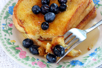 Close up of French Toast and Fresh Blueberries