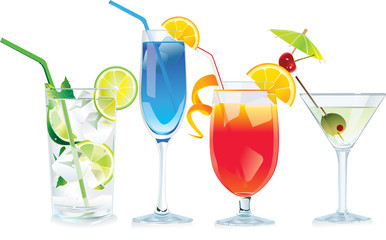 vector cocktails mojito, blue lagoon, tequila sunrise, martini