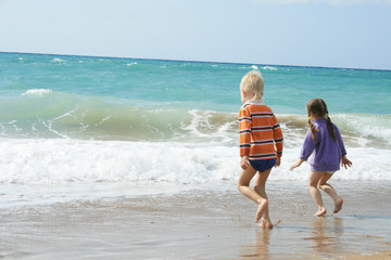 Children playing on the shore at the beach.