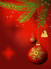 Christmas bulbs and bell on red background