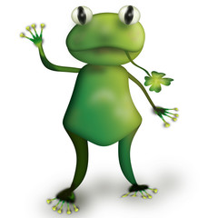 green frog with clover in mouth - illustration