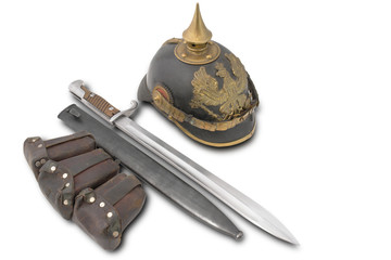 Composition with old German helm, bayonet and cartridge pouch - obrazy, fototapety, plakaty