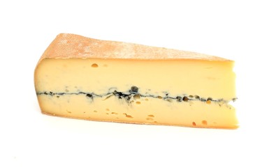 Slice of french cheese, Morbier variety; isolation on white