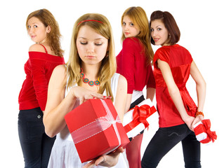 Four pretty girls in red with the presents.