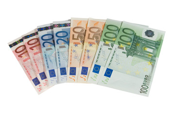 Ten, twenty, fifty and one-hundred euro bills isolated on white