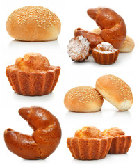 collection of sweet fancy cakes and croissant isolated