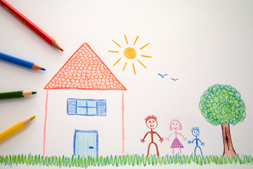 Dessin d'enfant : Maison et Famille