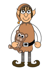 Fototapeta premium Santa's Helper / Elf Cartoon With Bear - Isolated on white