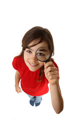 Girl holding magnifying glass isolated on white background