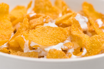 close up of corn flakes and milk