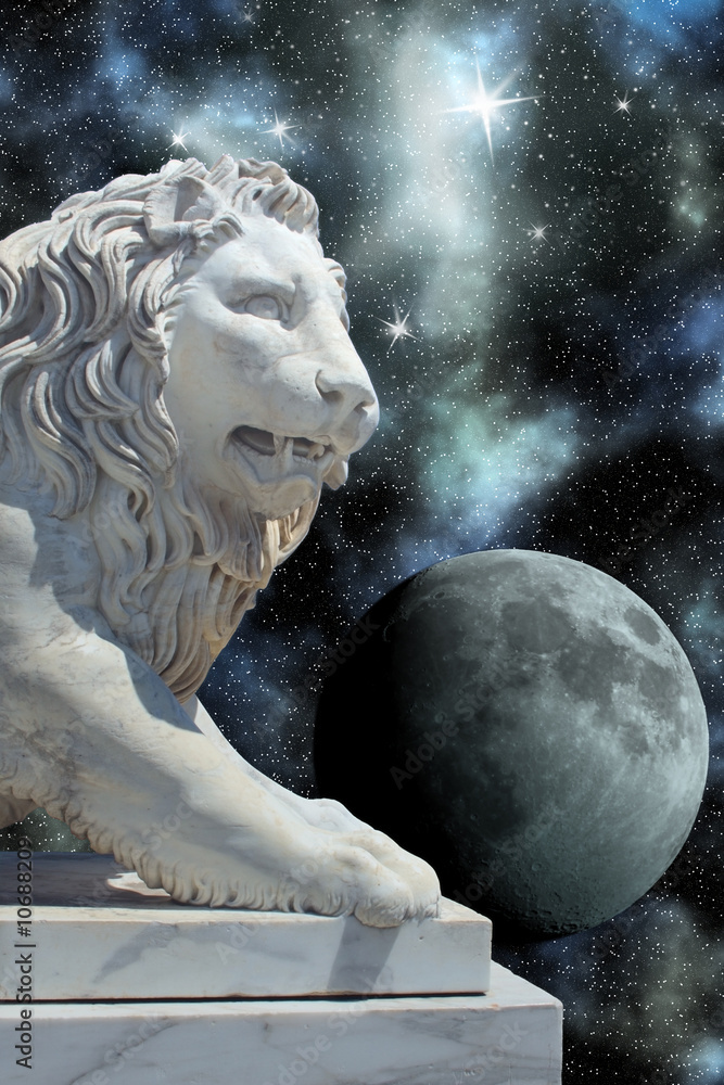 Wall mural lion statue and planet in open cosmos