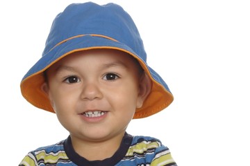boy with blue fisherman hat 1 year old
