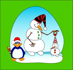 Two smiling snowballs and penguin on a blue background