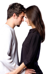 Young happy attractive smiling couple hugging, isolated