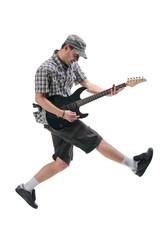 Guitar player jumping in midair