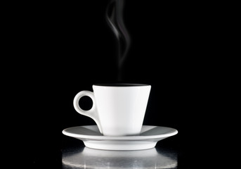 Cup of hot drink with steam over black background