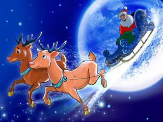 Obraz na płótnie Canvas Santa is riding deers on the back of the Moon.