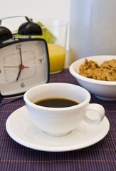 coffee breakfast and alarm clock