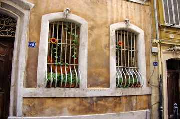 Fenêtres à barreaux avec fleurs, Rye de Marseille, France.