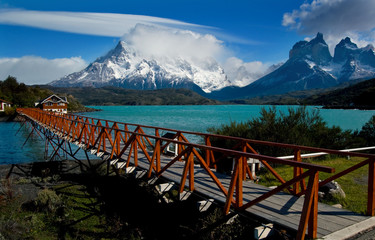 Red footbridge over Lake Pehoe