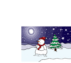 Snowman in a field at night