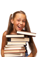 Girl with pile of books