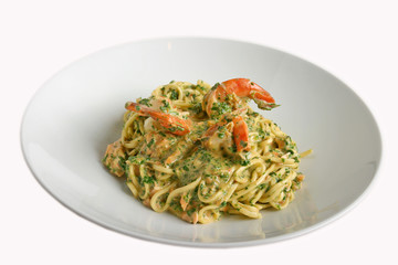 Paste with shrimps and a salmon.