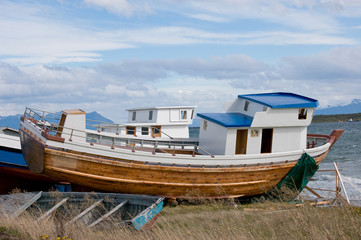 Beached fishing boat, restored, Puerto Natales