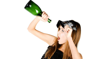 Glamour portrait of young woman with bottle