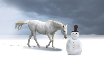 The snowman and the horse in a winter landscape. © Peter Denovo