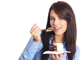woman wearing blue shirt eating the cake.
